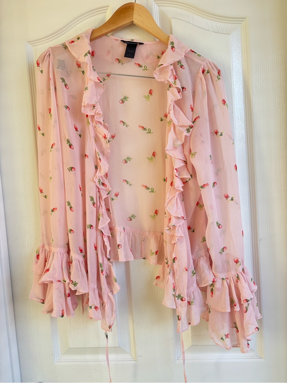 Vintage Moda International Silk Pink Floral Ruffle Tie Blouse